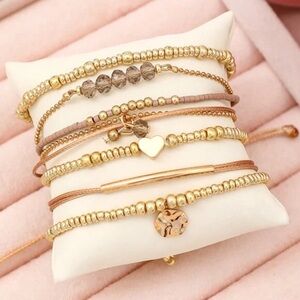New! 7pcs Gold Beaded Rice Bracelet Set